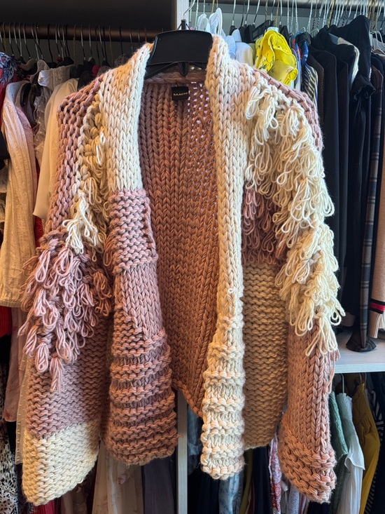 SAACHI Sweaters - SAACHI Pink & Cream Loop Fringe Open Cardigan